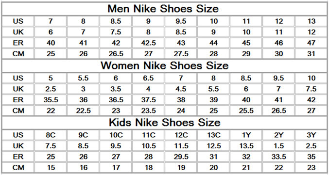 Nike react store size chart